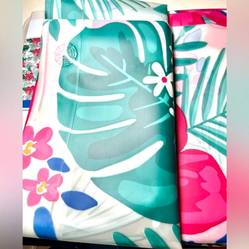 Tropical Fiesta Hibiscus Flowers & Leaves Peva Shower Curtain Pink Green